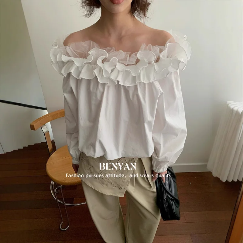 Women White French One-shoulder Ruffled Blouses Fashion Sweet Long-sleeved Wedding Romantic Loose Sweet Female Tops Shirts