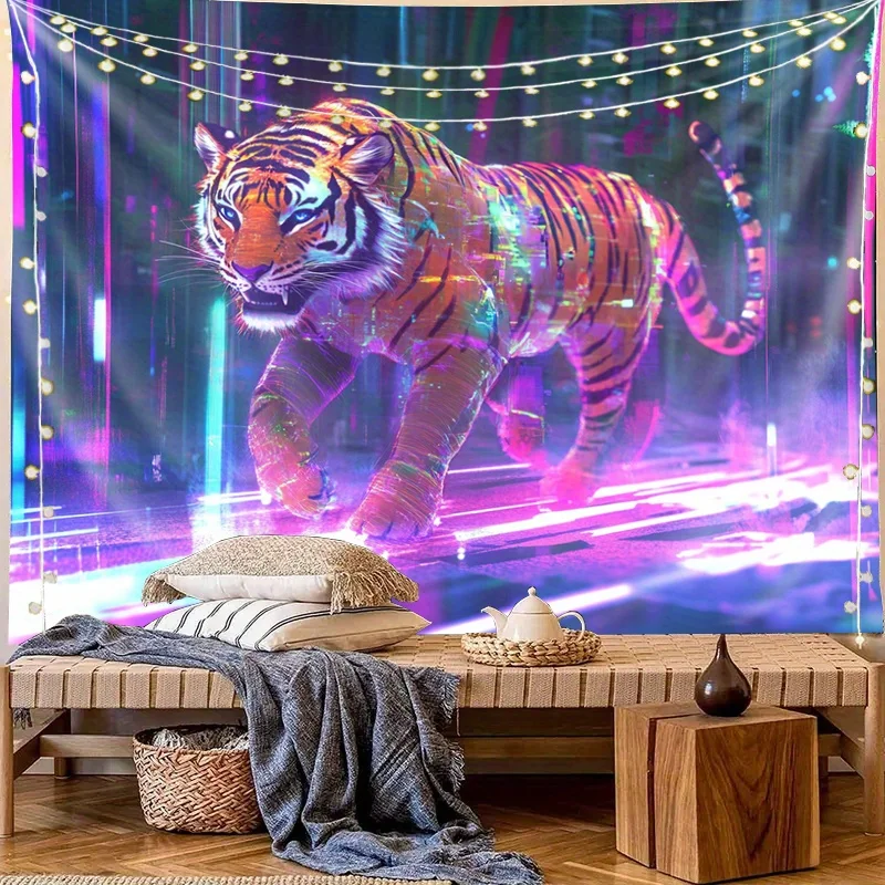 1pc UV Reactive Black Light Activated Glow-in-the-Dark Tiger Tapestry Wall Hanging - UV-Sensitive Fluorescent Glow Under Blackli