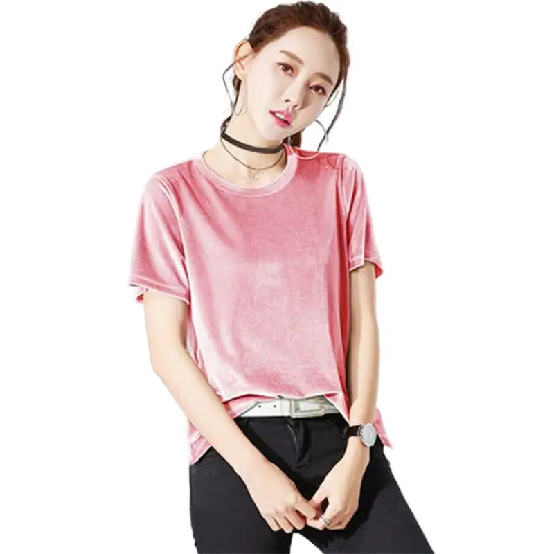 

Women Summer Short Sleeves Tops Casual Loose Vintage Velvet Solid T-Shirts O-Neck Streetwear Shirts Vintage clothes Camisas