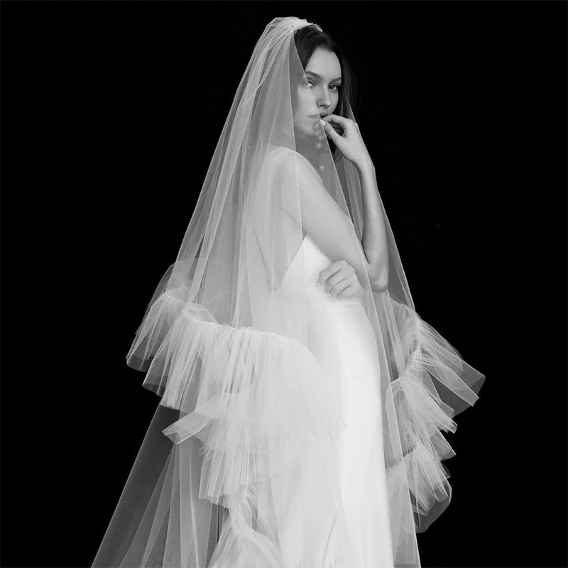 

New Bridal Veil 3M Long Wedding Veils Ruffle Edge White Luxurious Veil Blusher for Bride With Comb velos de novia Cathedral