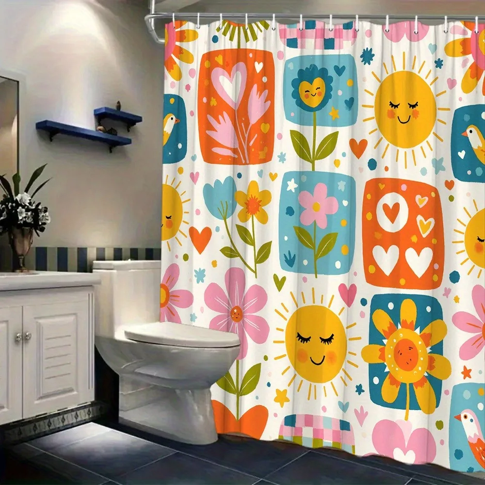 Rideau de douche rétro à carreaux tournesol, pomme de douche lavable et résistante à la saleté, rideau de bain en Polyester imperméable