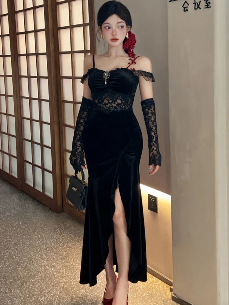 Feminino vermelho veludo retalhos renda preta oco para fora vestido sexy outono inverno elegante vestido de luxo 2025 coreano vintage bodycon vestido