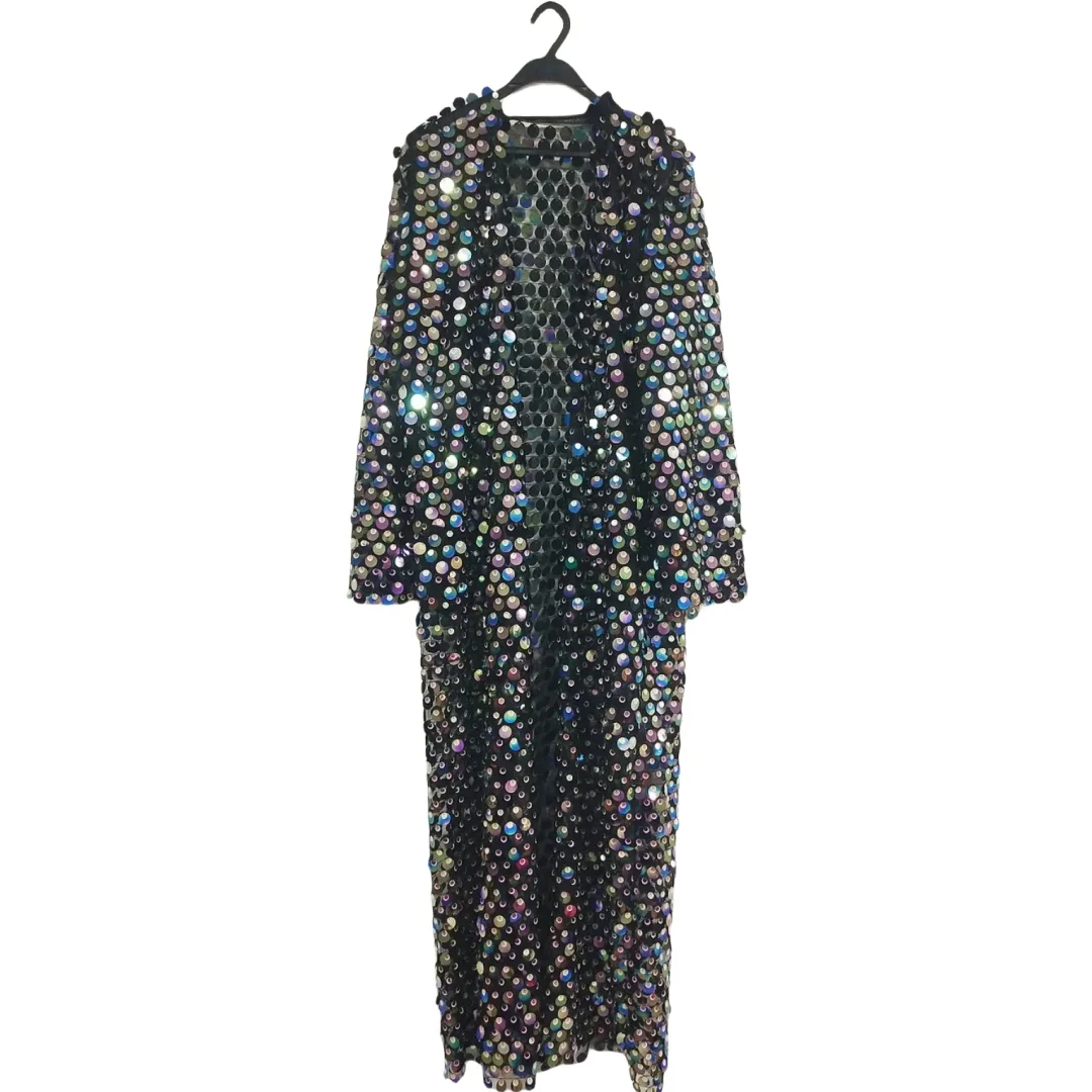 

Long Coat Mesh Sparkly Sequins Carnival Party Model Walk Show Cloak Overcoat Performance Clothes Nightclub Bar DJ Dance Costume