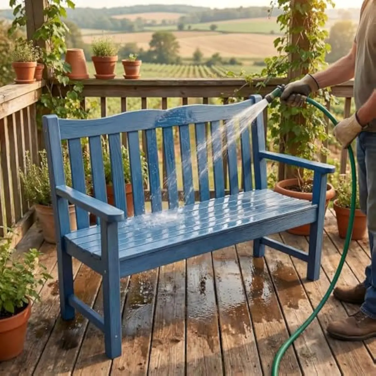 Two-person weatherproof outdoor bench with modern design, 800-pound capacity, embossed wood-grain HIPS surface, stainless steel