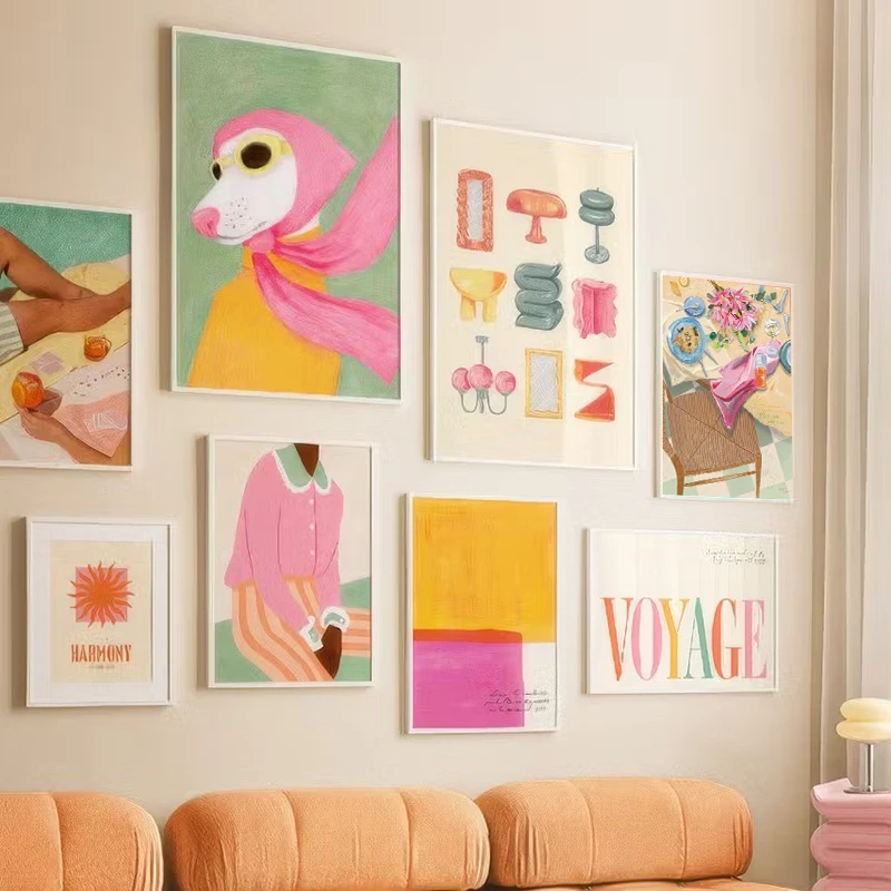 Modische Mädchen-Hund-Vase-Blumen-Bananen-Abstrakte Poster und Drucke Wandkunst Leinwandgemälde Bild Hotel Bar für Wohnzimmerdekoration