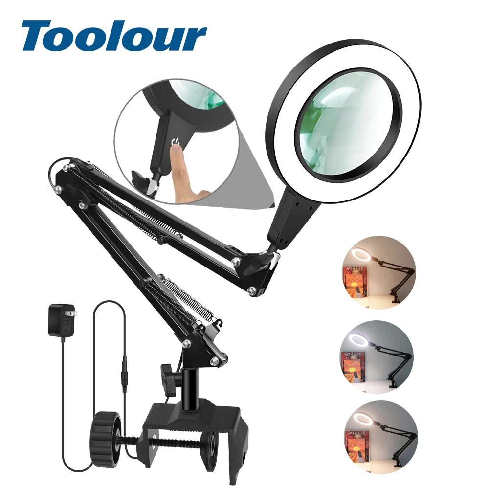 

Toolour 108LED 5X Illuminated Magnifier EU/US 12V 3 Colors LED Magnifying Glass for Soldering Iron Repair/Table Lamp/Reading