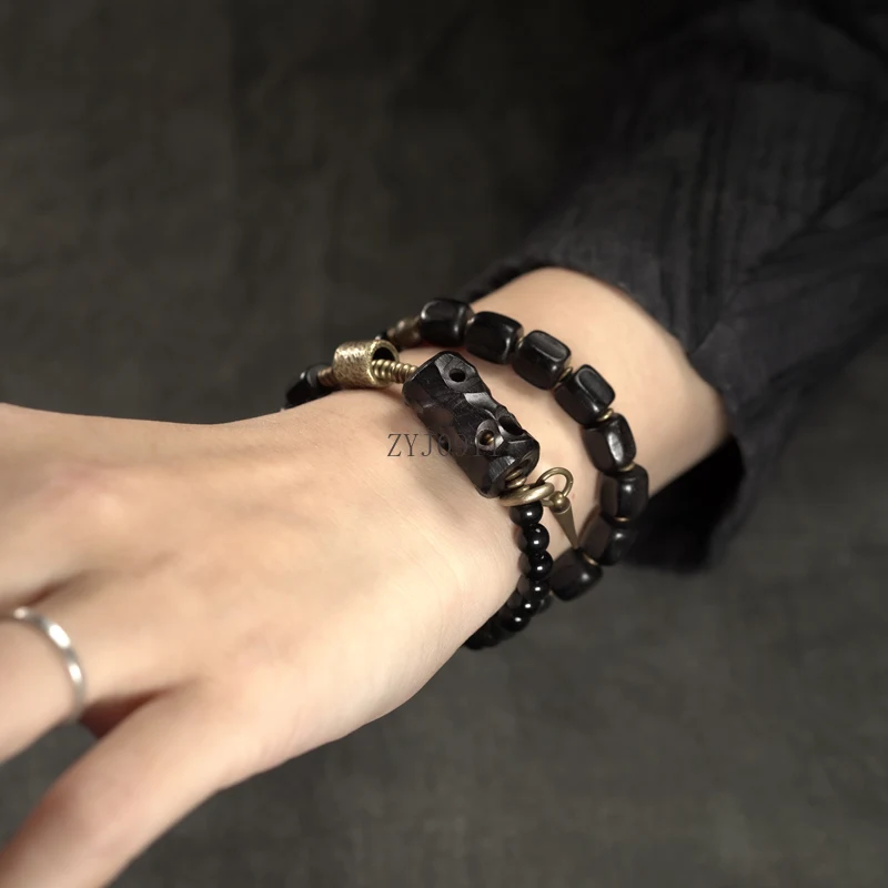 Pulseira artesanal de design de obsidiana de ébano personalidade feminina círculo duplo na moda legal pulseira retrô masculina