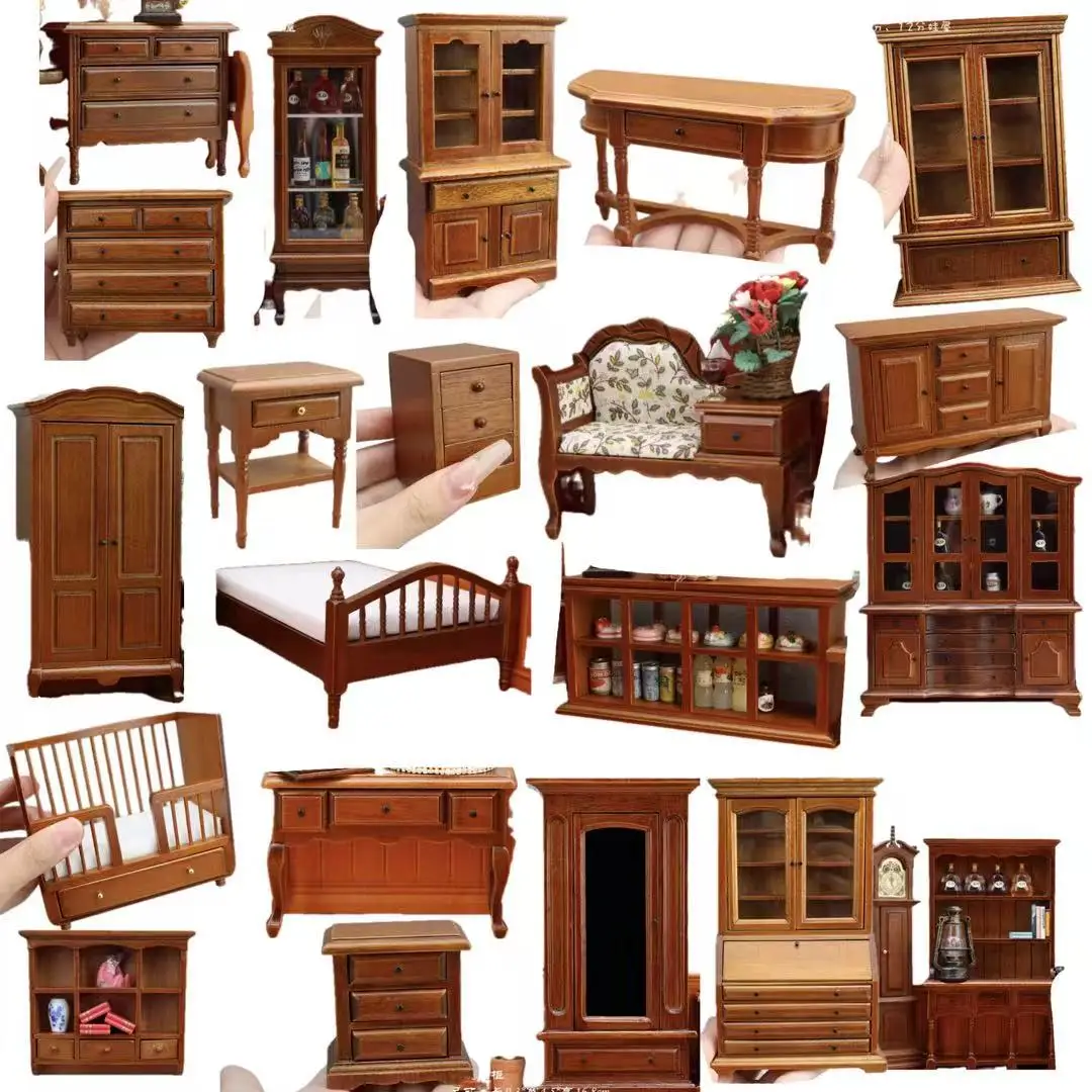 

Classic Miniature Bedroom Set, Dollhouse Arched Wardrobe Dressing Table 9-Grid Cabinet Bookshelf, Vintage Furniture Collection
