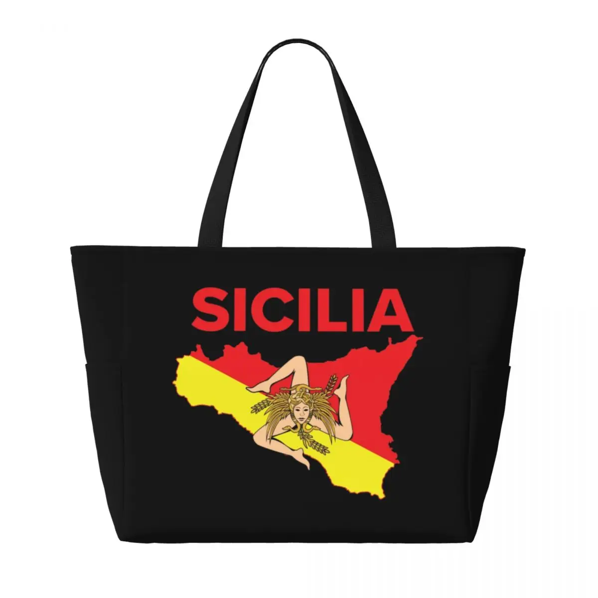 Custom Map Of Sicily Trinacria Beach Tote Bag for Women Italy Sicilian Pride Big Compartment Beach Gym Travel Bags