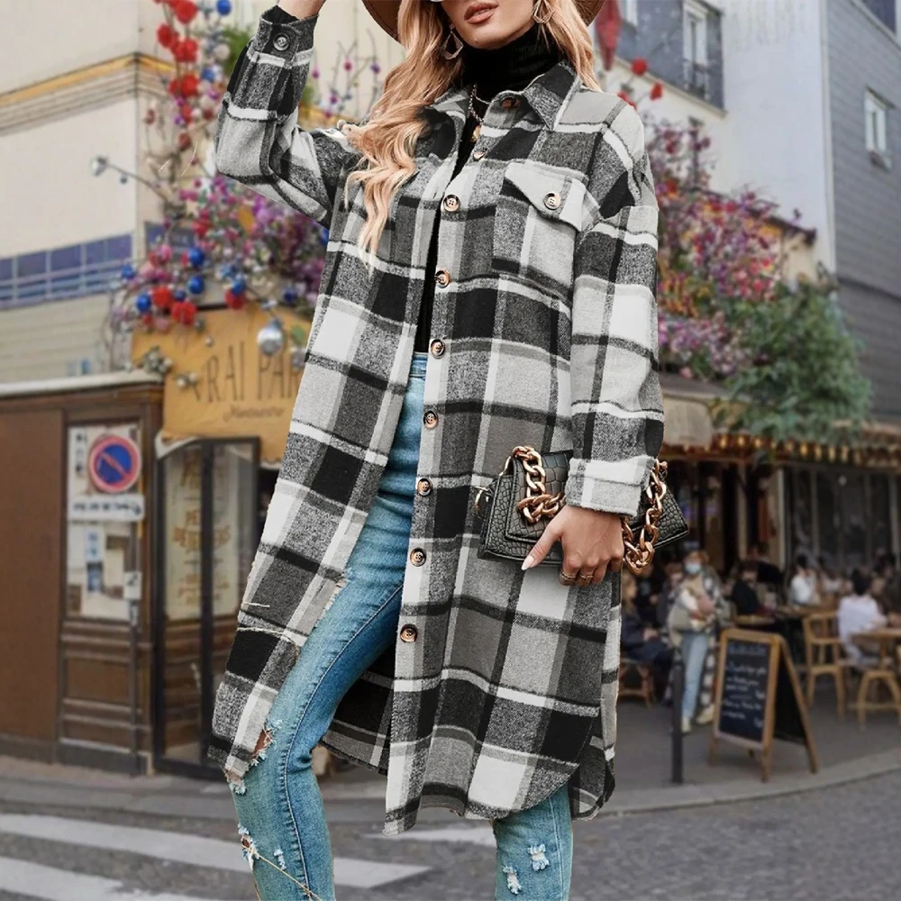 

Women's Autumn Winter Coat Plaid Single Breasted Long Sleeve Loose Fit Casual Daily Essential Winter Coat