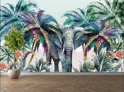 Custom wallpaper hand painted forest animals tropical plants elephant coconut tree photo wallpaper decoration chambre mural