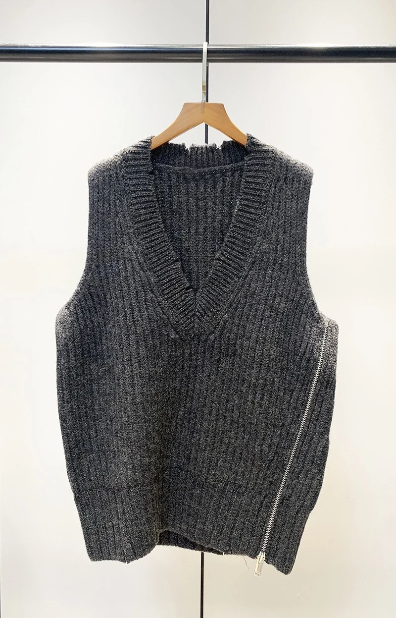 

Новый осенне-зимний вязаный жилет с V-образным вырезом на молнии, модный женский топ-майка в стиле lazy style