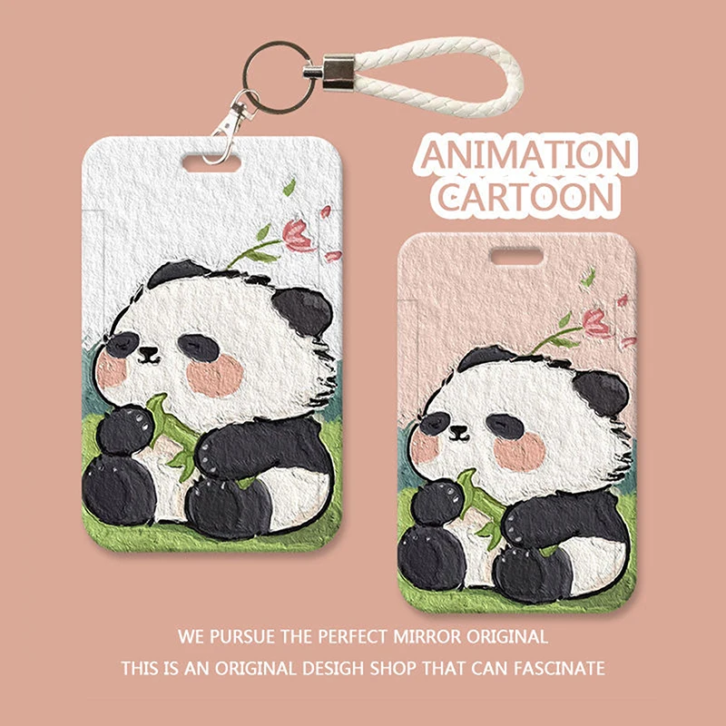 Set kartu Panda lucu Anime Lanyard untuk kunci telepon genggam tali gantungan kunci tempat lencana kartu ID Gantungan Kunci DIY hadiah Lanyard