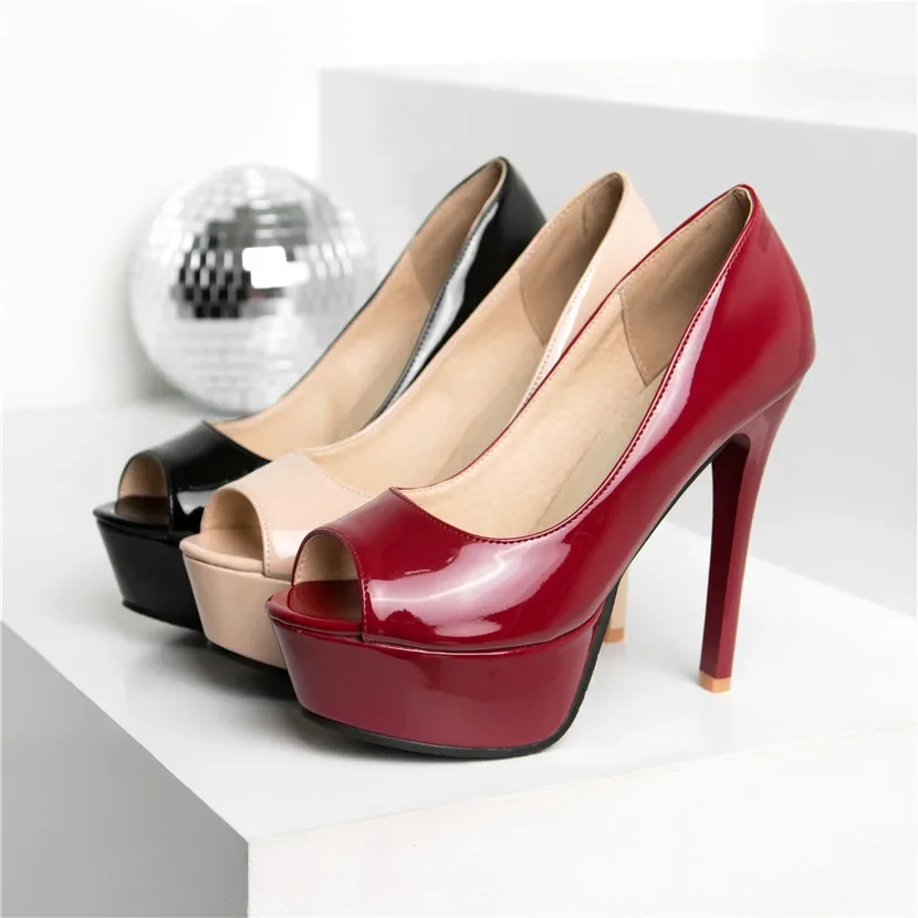 Big Size Women Peep Toe Platform Pumps Patent Leather Red Black Elegant Party Wedding Office Lady Summer High Thin Heel Stiletto