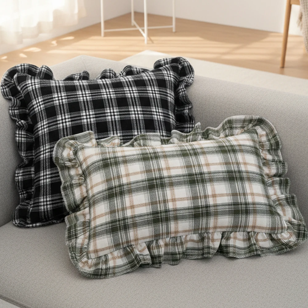 BUYNOW 1 STÜCK Zweifarbiger karierter Spitzenkissenbezug Britischer Vintage-Stil Countryside Cottage Sofa Kissenbezug Home Schlafzimmer Bett Dekor – Detail 9