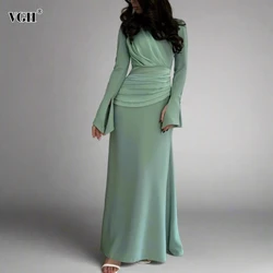 VGH Temperament Solid Pleated Long Dresses for Women V Neck Flare Sleeve Spliced Crisscross Lace Up High Waist Slim Dress Female