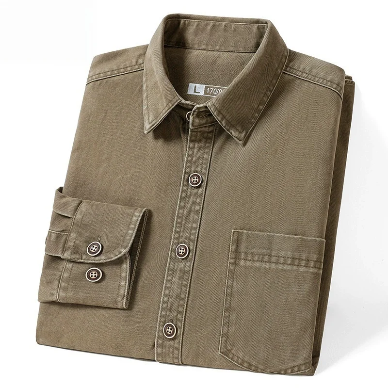 Men's Loose Fit Retro Vintage Overshirt Long Sleeve Casual Shirt Autumn Khaki Green Multi-Pocket Outwear Top for Sizes 4XL to 5X