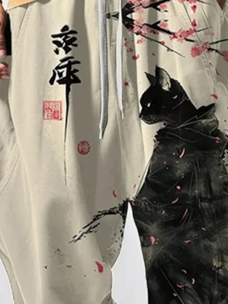 Vintage Japanese Heram Trouser Holiday Black Robe Cat Ink Art Print Pattern Casual Loose Drawstring Waist Commute Sweatpants - view 3