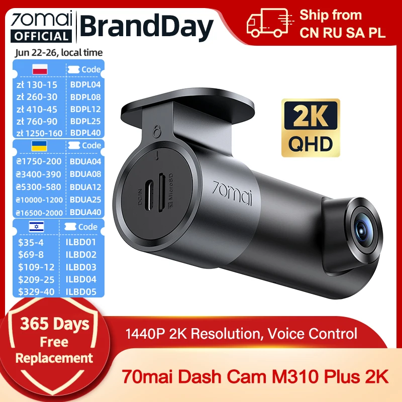 70mai Dash Cam M310 Plus 2K English Voice Control 1440P WDR Night Vision 24H Parking Surveillance 70mai M310 2K Car DVR Wi-Fi 6
