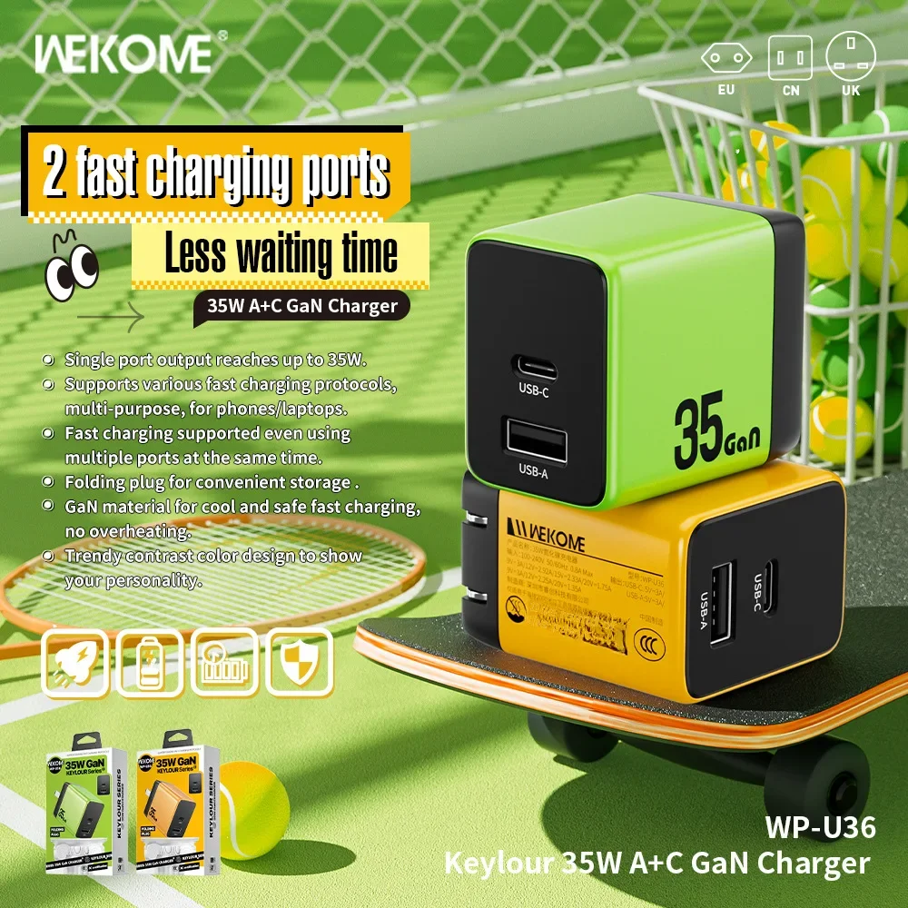 Wekome 35w Gallium Nitride Ac Color Blocking Fast Charger Multi-compatible Foldable Charging Head Wp-u36 For Mobile Phones