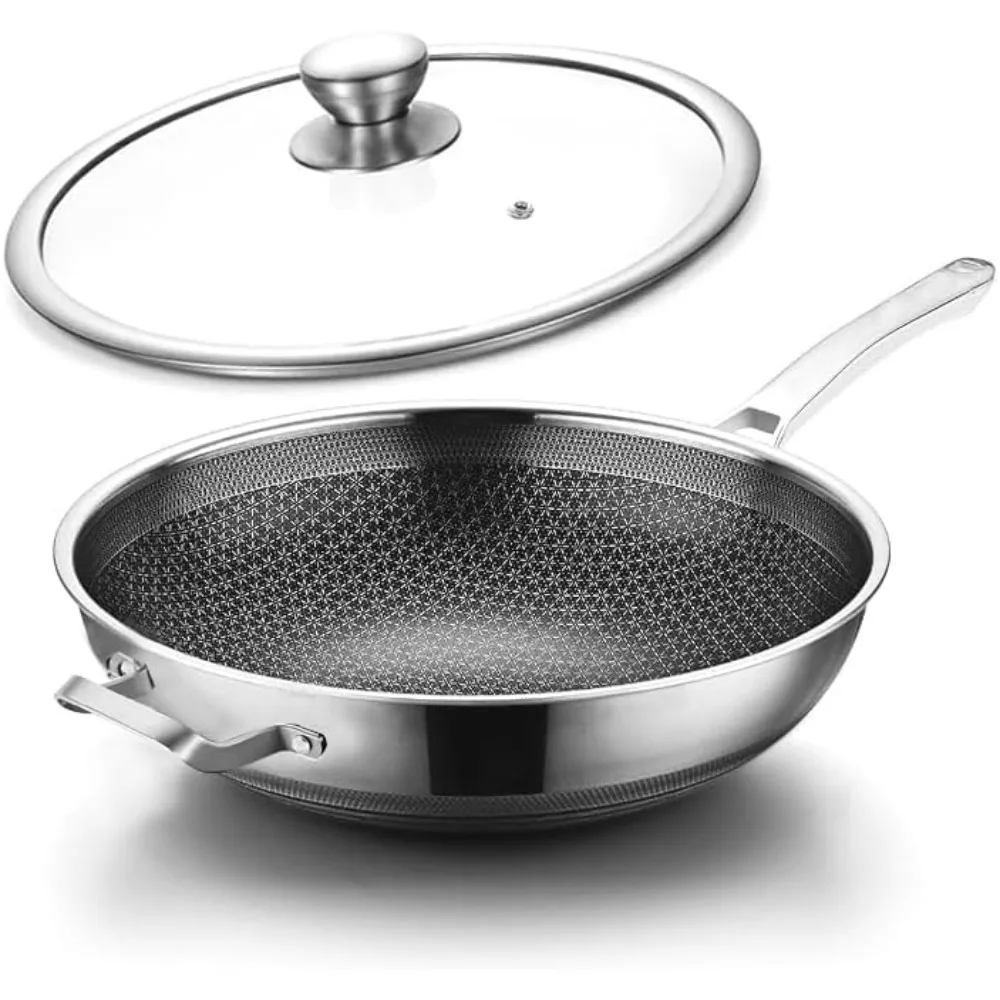 

Hybrid Nonstick 14 Inch Wok with Lid,Induction Non Stick Stainless Steel Large Deep Woks&Stir-Fry Pans,Stay-Cool Handle Skillets
