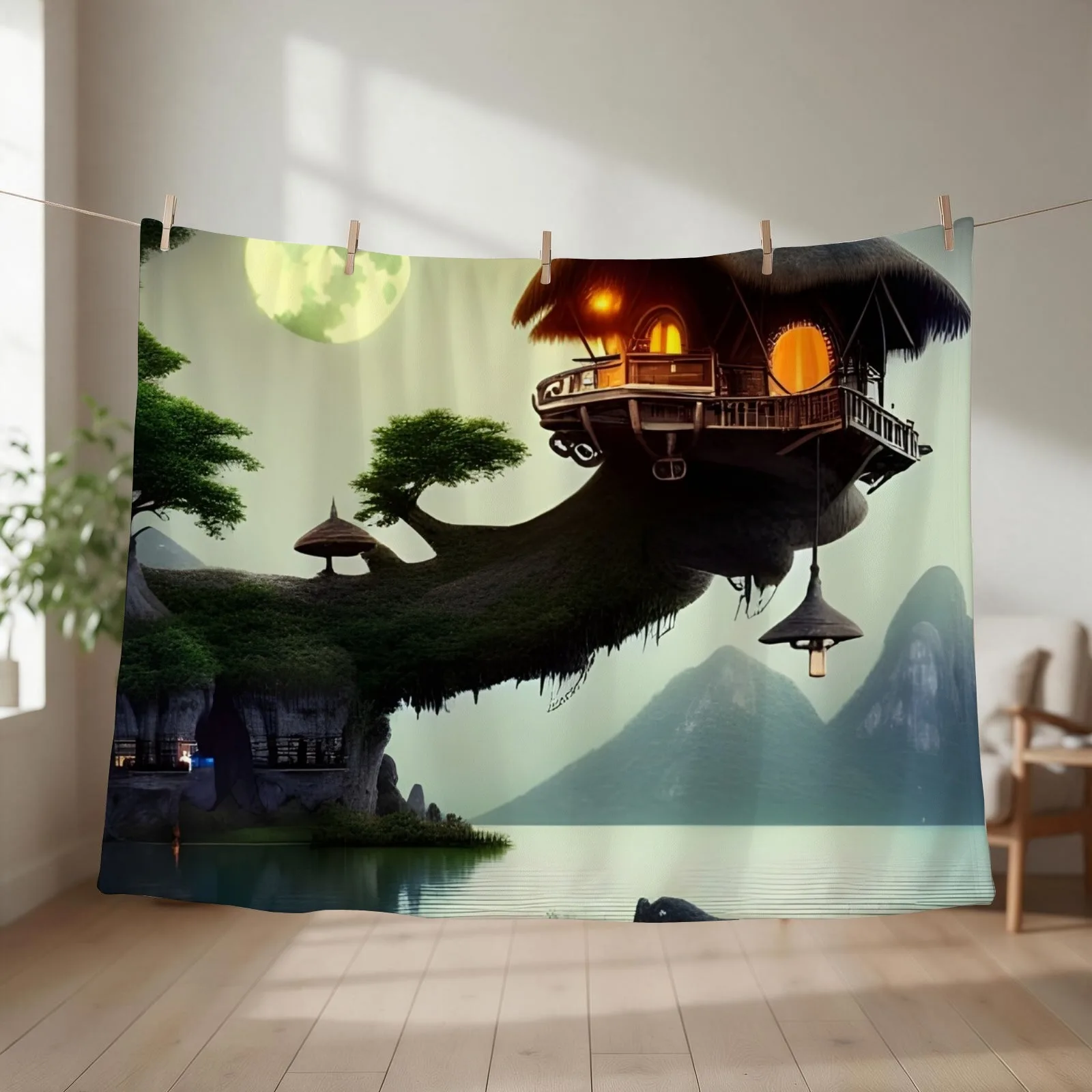 Moonlit tree house generated by artificial intelligence Throw Blanket couch cozy soft plush fuzzy picnic outdoor blanket