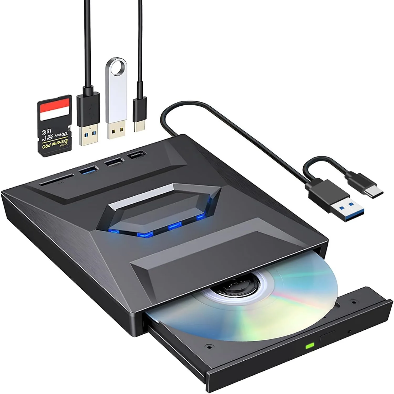 Unidad de CD DVD externa USB 3,0 tipo C con concentrador USB lector de tarjetas SD tipo C, adaptador de grabador de reproductor de disco CD DVD RW ROM