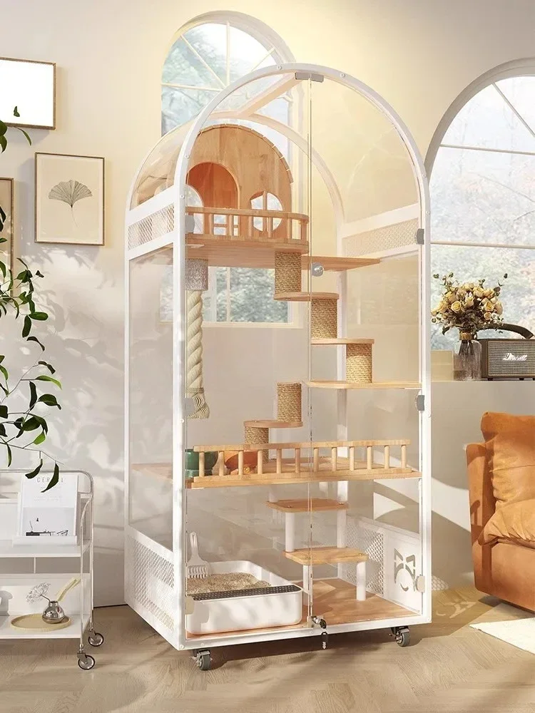 B Arch Cat Villa Short Foot Luxury Panoramic Tempered Glass House Solid Wood High-Grade Cat Cage Cabinet