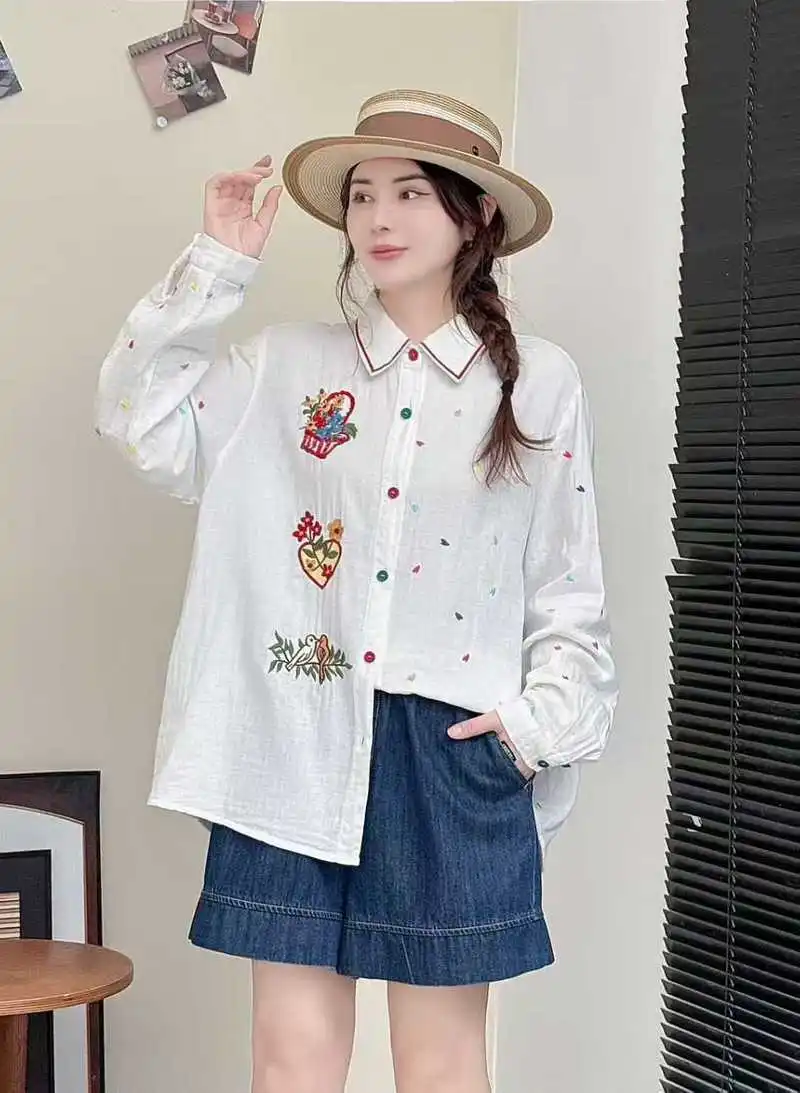 اليابانية الحلو موري فتاة الكرتون الطيور القلب التطريز تي شيرتات قطن المرأة الخريف رفض طوق كم طويل بلوزة غير رسمية