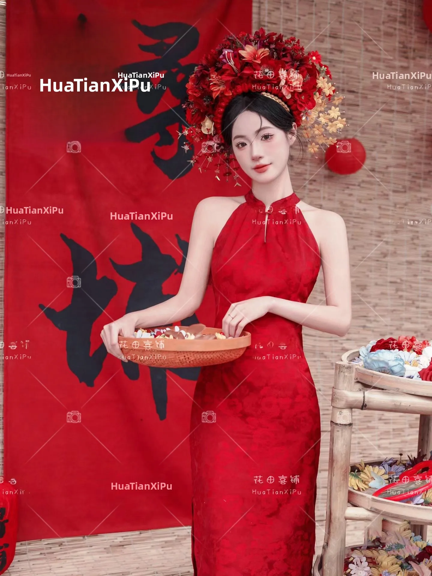 

Красное свадебное платье-ципао с цветочным узором, заколка для волос, костюм для фотосессий, стройнящая одежда премиум-класса для женских фотосессий в путешествиях