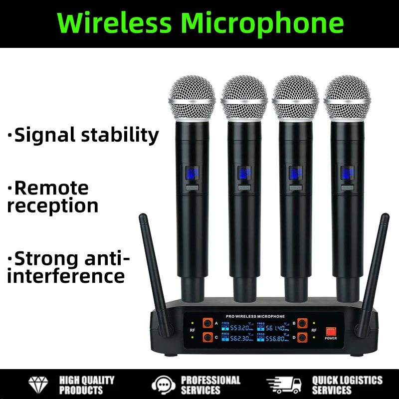 

Профессиональный беспроводной микрофон UHF, 4-канальный, с фиксированной частотой, портативное устройство для сценических выступлений, домашних вечеринок, церквей