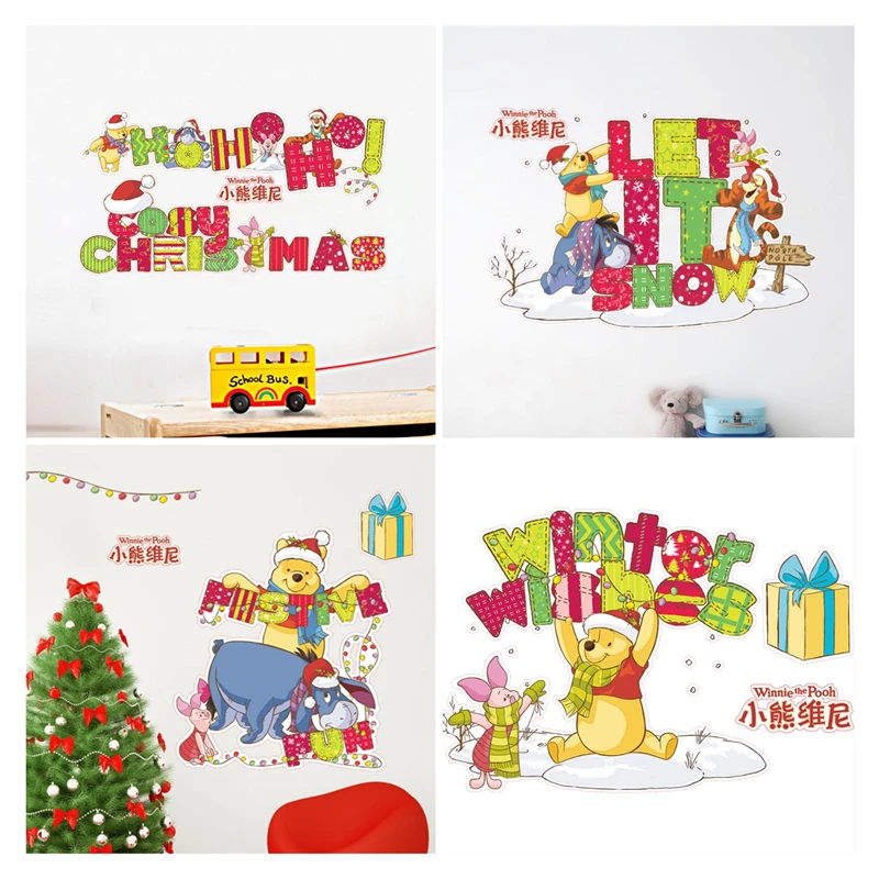 Cartoon Winnie The Pooh Bear Christmas Wall Sticker Kindergarten Bedroom Wall Decoration Kids Christmas Gift  Door Sticker