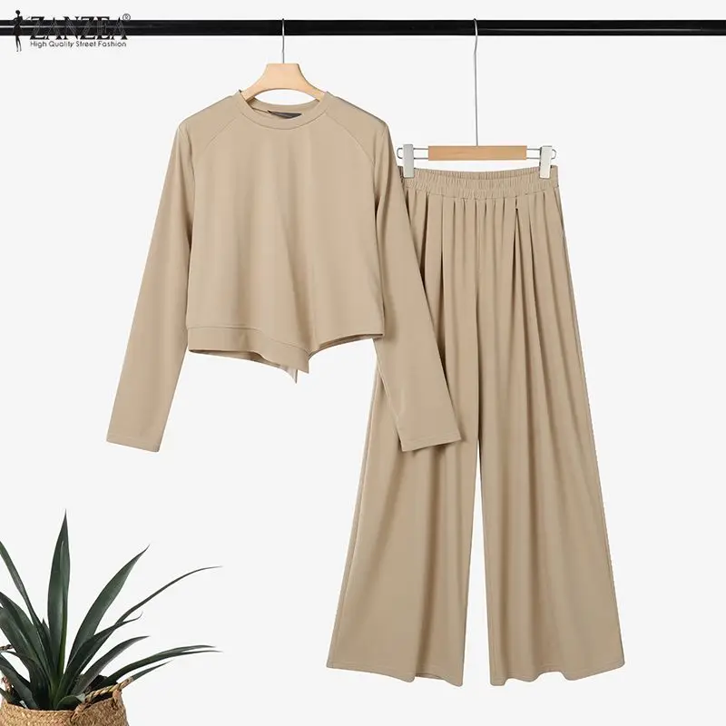 

Женские минималистичные брючные костюмы, осенние укороченные толстовки с асимметричным подолом и широкие брюки, комплекты из 2 предметов, женская одежда ZANZEA