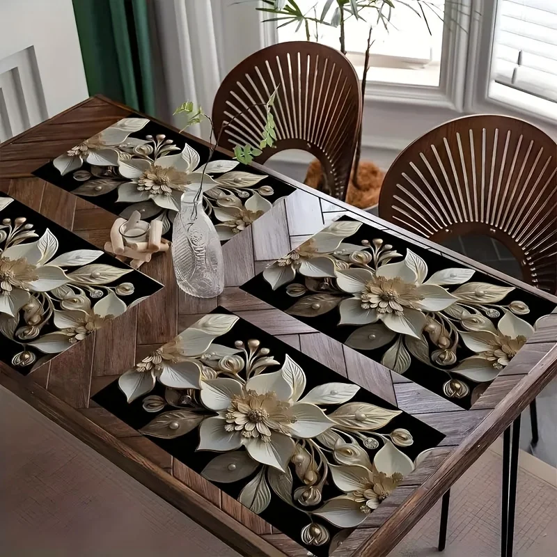 4 piezas elegantes - Manteles individuales temáticos - Diseño floral y de hojas en blanco y dorado - Ideal para cenas formales, recepciones de boda, aniversario
