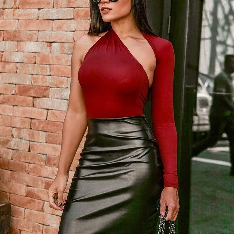 مثير واحد الكتف Bodycon نيسيي الحليب الحرير قاعدة irt Ele تخفيف منخفضة الخصر خمسة أرباع طول رقيقة جدا نسيج رقيق #3