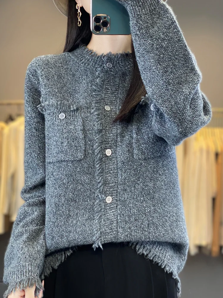 

2025 Oversize 100%Merino Wool Cardigan Large Size Knitted ONeck LongSleeve Sweater Top Lady Clothes Fashion Tassels Elegant Coat