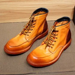 Classic Retro Western Ankle Boots Pleated Calfskin Leather Handmade Motorcycle Boots Leather Sole High Top Lace Up Winter Boots