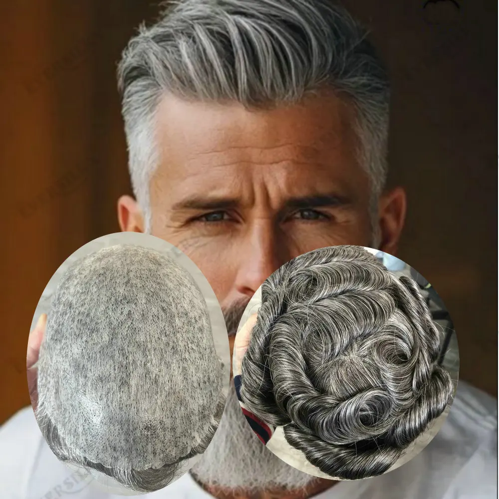 

Плотность 130%, черный, серый, старый мужской парик, европейские человеческие волосы, толщина 0,1 мм, поликожа, мужской капиллярный протез, быстрая доставка