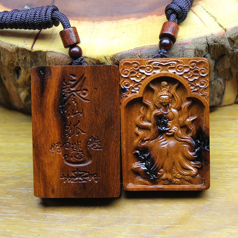 

Chinese Natural Thunder Struck Jujube Wood Nine Tailed Fox Pendant Double Sided Carved Lucky Amulet Attract Love Unisex Necklace