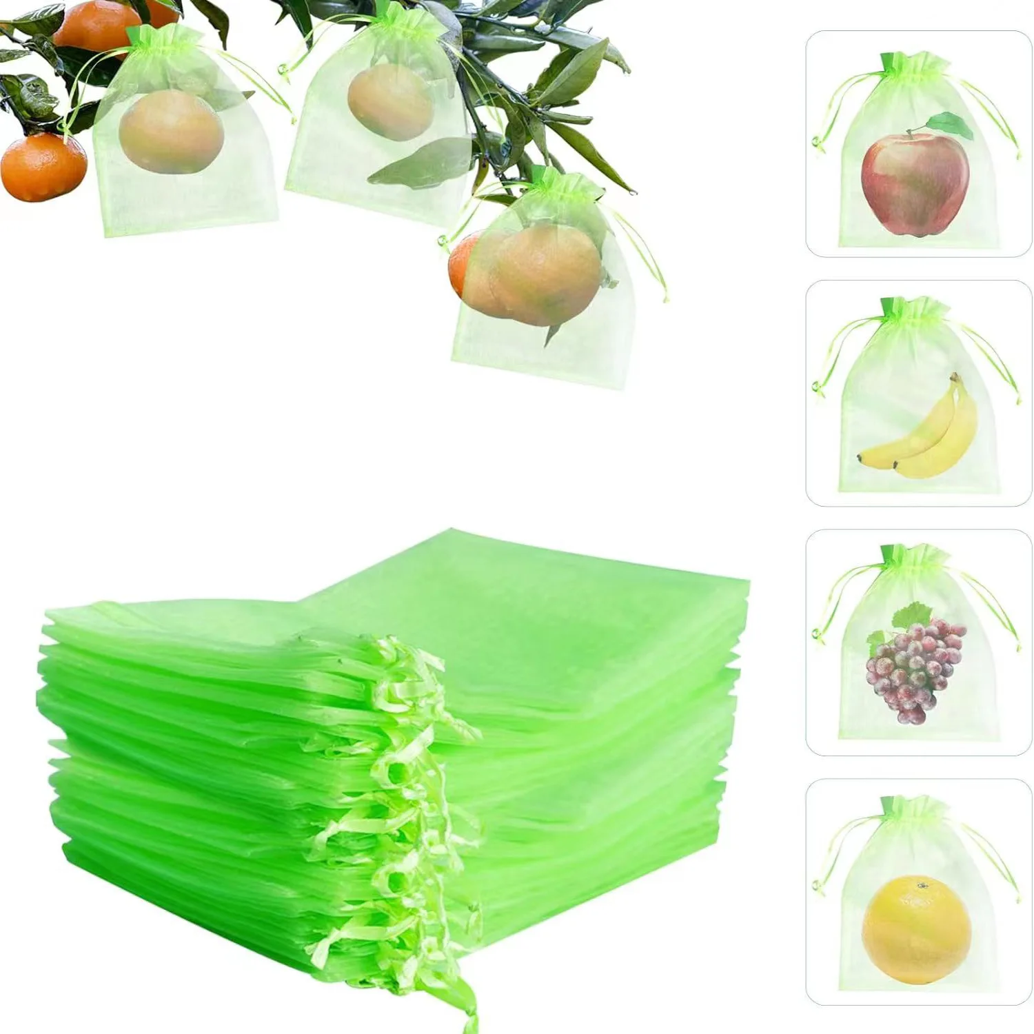 

100pcs Fruit Protection Bags Green Netting Cover Bags Drawstring Mesh Fruit Protectors Pest Barrier for Mangoes Tomatoes Garden