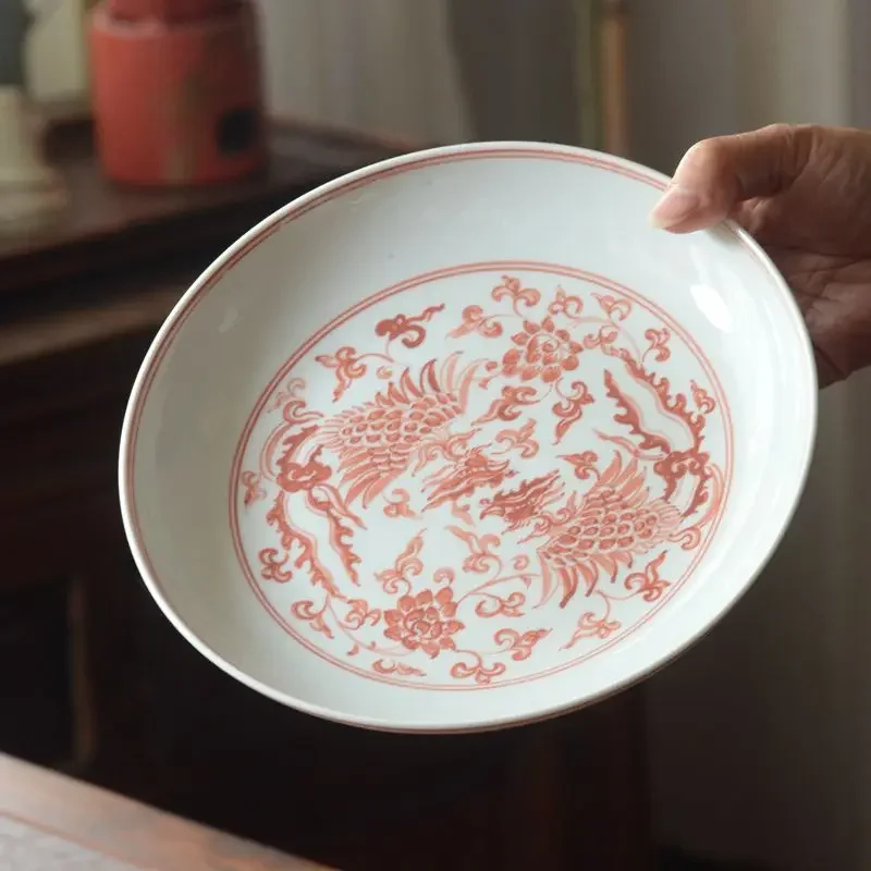 

Jingdezhen Antique Ming Style Hand-painted Blue And White Red Ceramic Underglazed Lotus Rising Fruit Dish Decoration Plate
