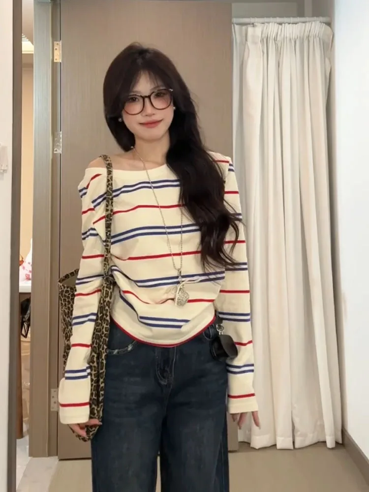슬림핏 스트라이프 롱 슬리브 티셔츠 여성용 오버헤드 숄더 디자인 가을 아우터 캐주얼 라운드 넥 빈티지 슬리브 탑