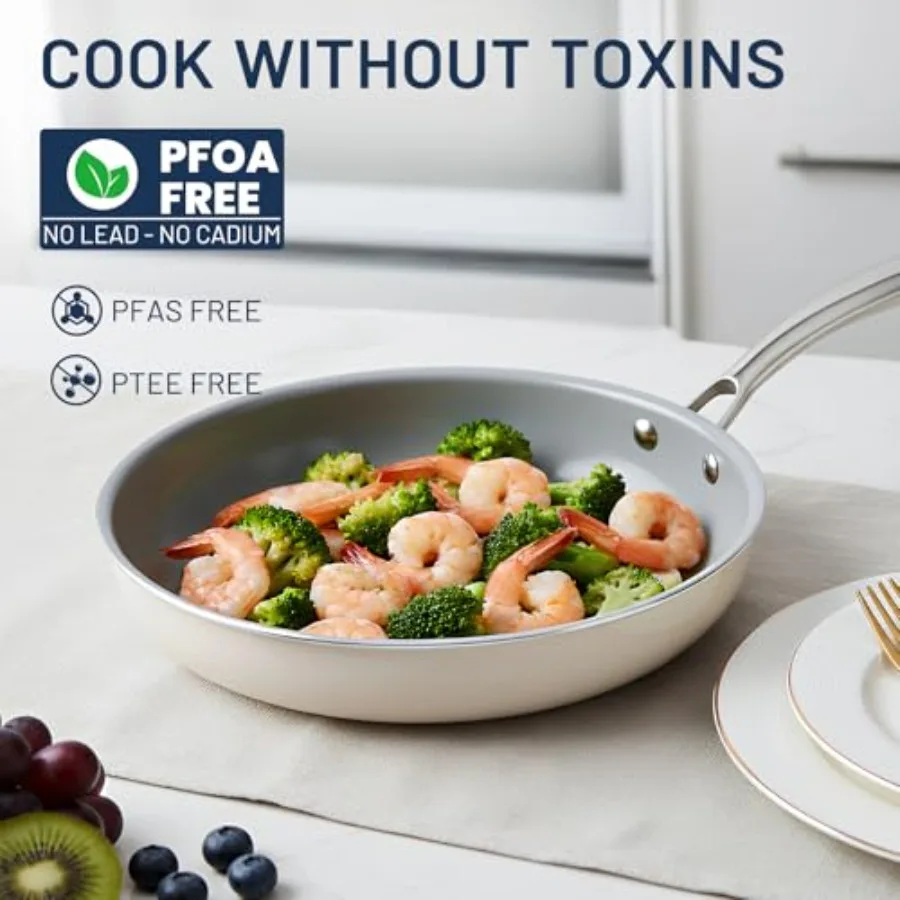 Керамическая сковорода с антипригарным покрытием, сковороды для омлета 3 размеров для здорового приготовления пищи, сковорода для яиц 8 + 9,5 + 11 дюймов с ручкой Stay Cool Fre