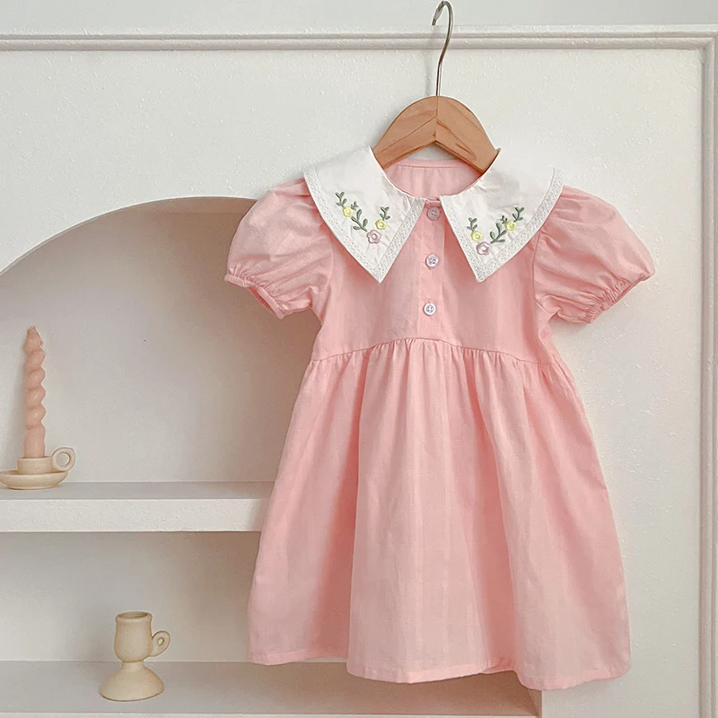 2-6Y Summer Kids Dress Girls Casual Dresses Baby Pink embroidery Flowers Dress Costumes Floral Party Birthday Princess Vestidos