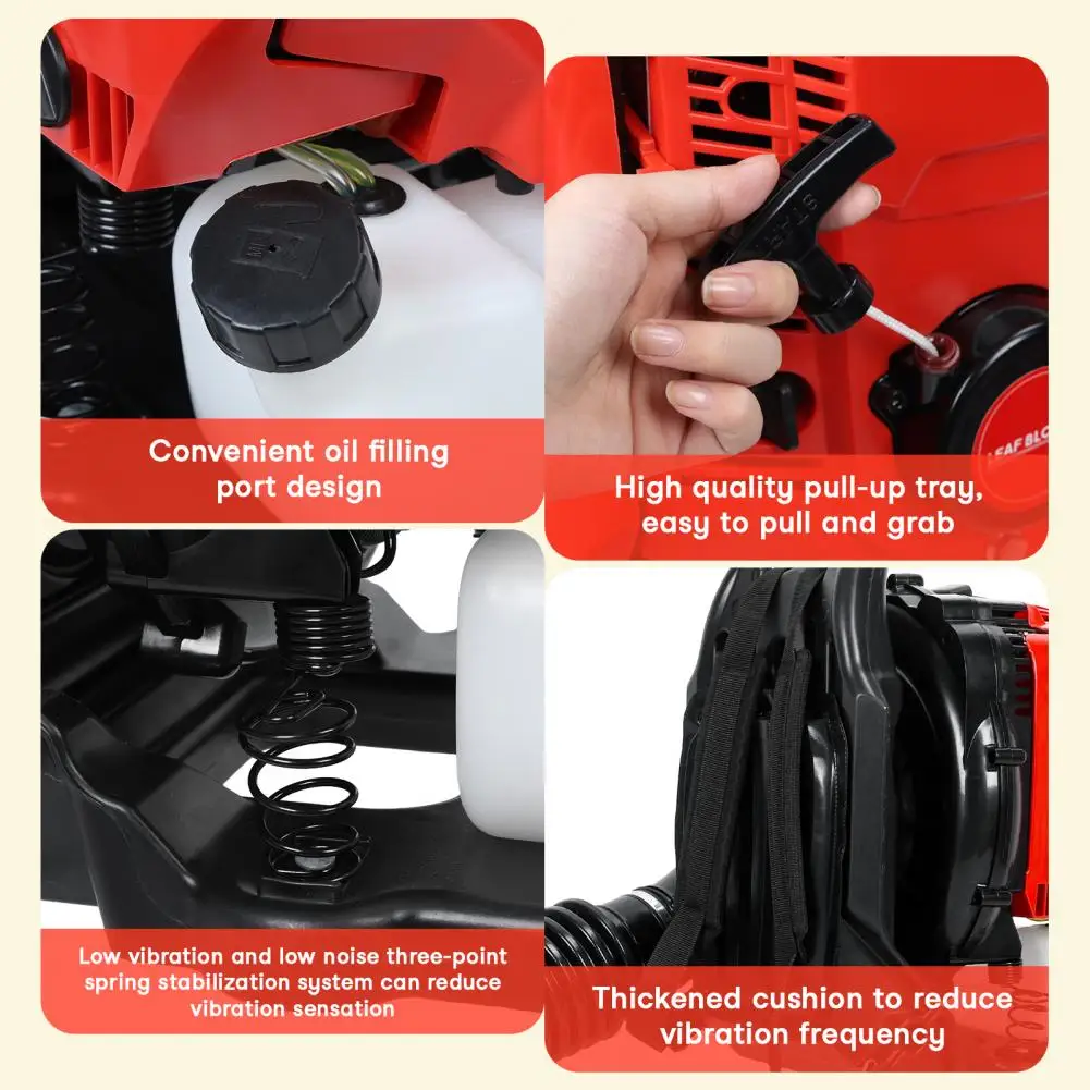 เครื่องเป่าลมใบไม้ 75.6 ซีซี 4 จังหวะ แบบสะพายหลัง ใช้แก๊ส  เป่าลมใบไม้และหิมะ  แรงลมสูงสุด 900 CFM และ 210 ไมล์ต่อชั่วโมง  ควบคุมความเร็วแบบปรับได้