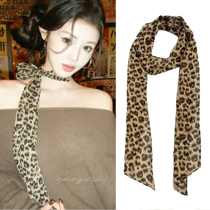 Vintage Leopard Print Scarf Women Girls Tie Hair Band Bags Handle Decoration Y2K American Narrow Long Scarfs Fashion Accessories