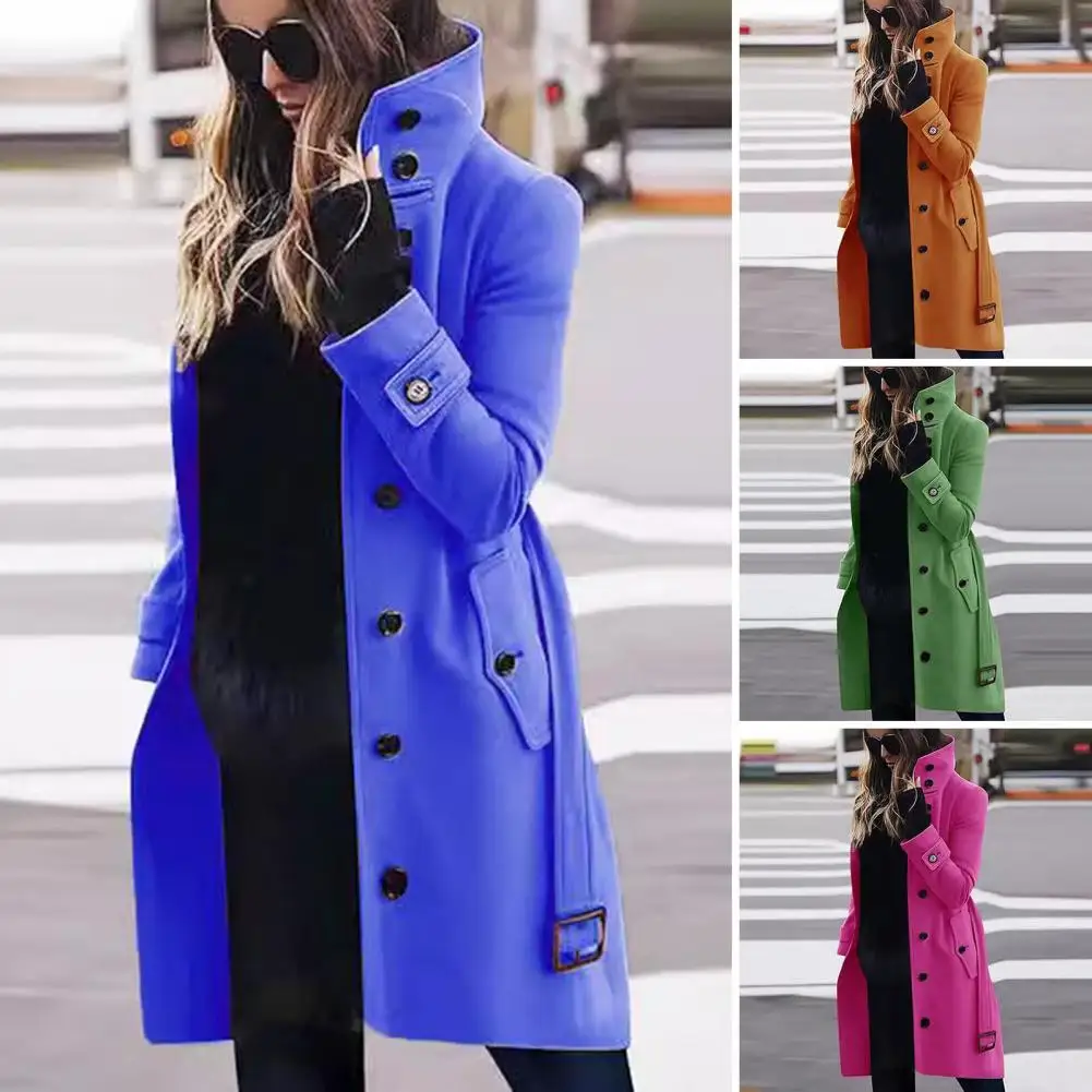 Autumn Winter Outerwear Stylish Plus Size Woolen Coat with High Collar Belt Long Sleeves Thick Overcoat for Dating Shopping