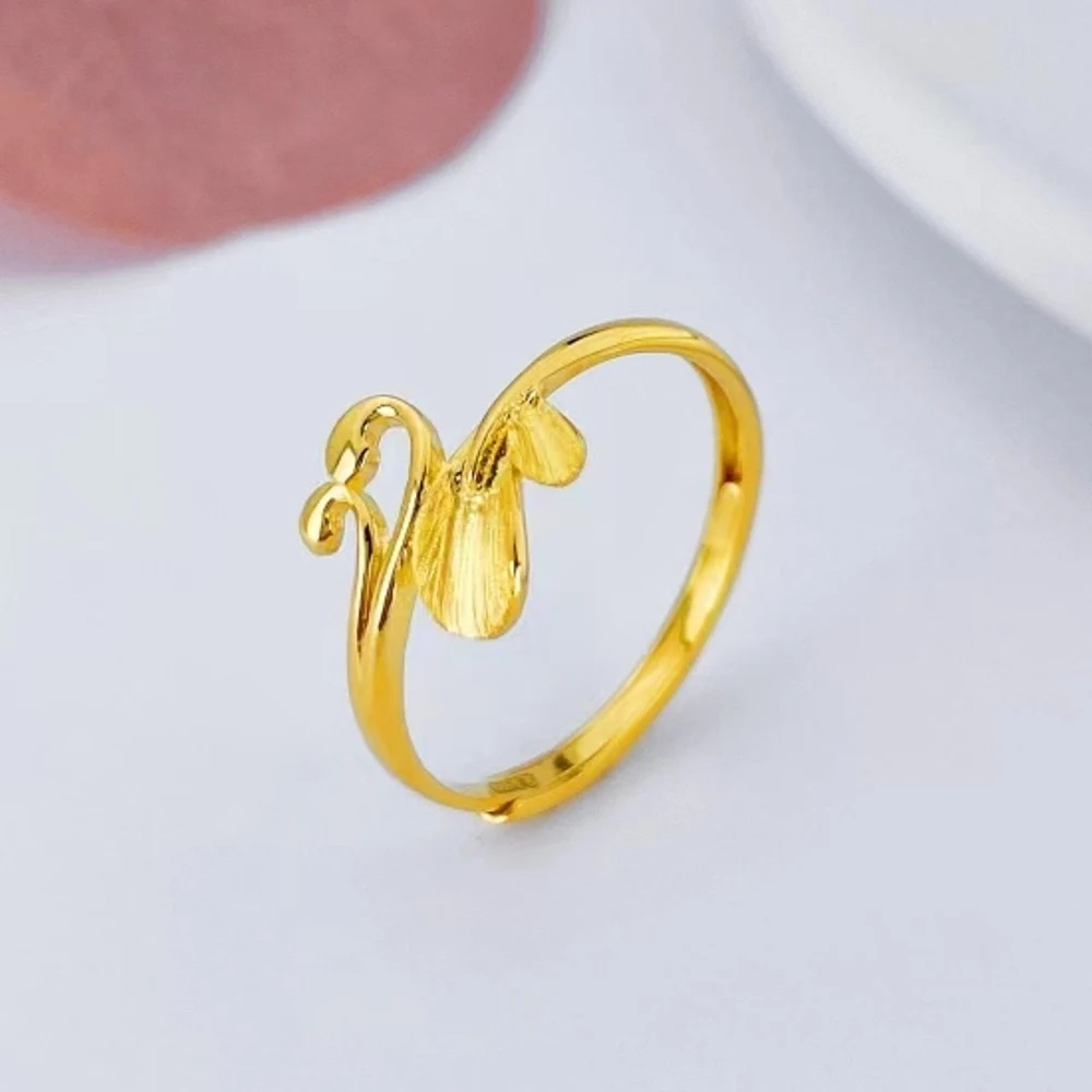 Real Pure 999 24K Yellow Gold Band Women Lucky Special Leaf Small Ring 1.84g 