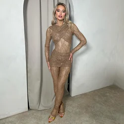 Women's 2023 New Stitched Lace See-through Jumpsuit Pants + Skirt Two-piece Set Elegant Sexy Party Club Outfit Vestidos