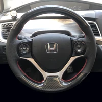 Para Honda Civic 9 2012 2013 2014 2015 DIY cosido a mano negro cuero genuino fibra de carbono protector para volante de coche